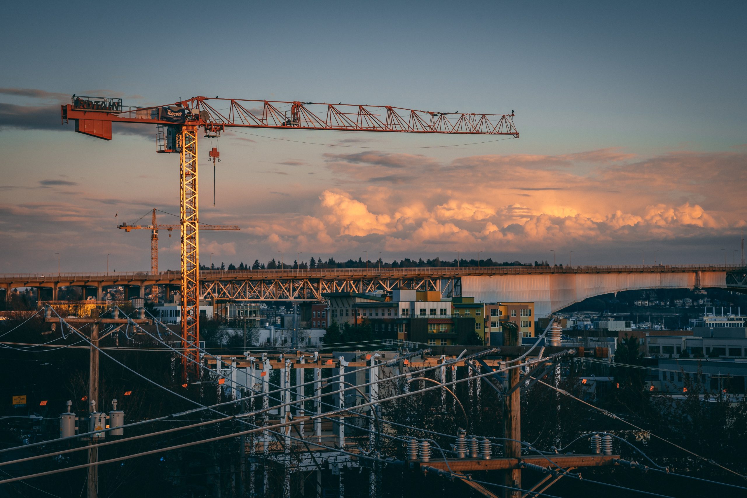 Construction site in the city at sunset