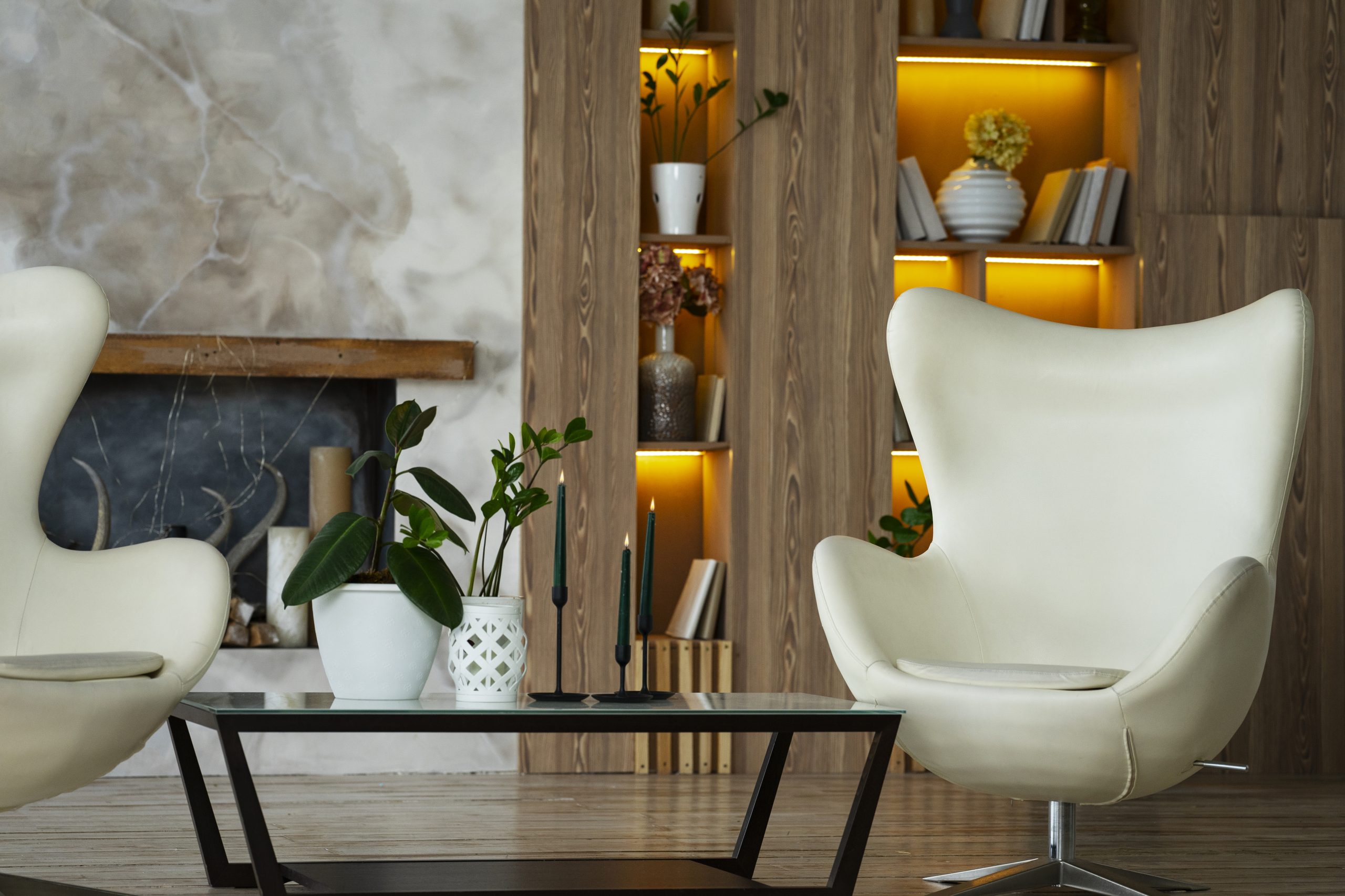 Interior with armchair and potted plants