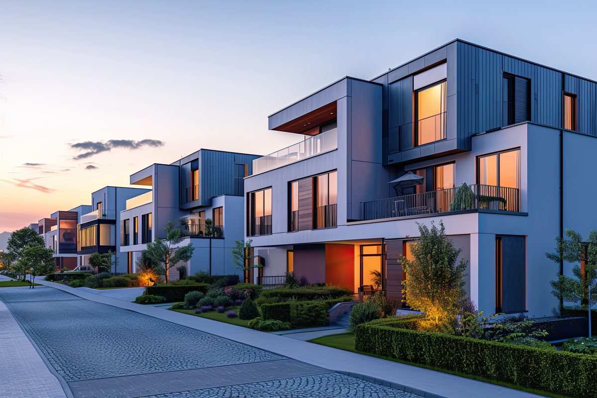 Row of modern townhouses at dusk